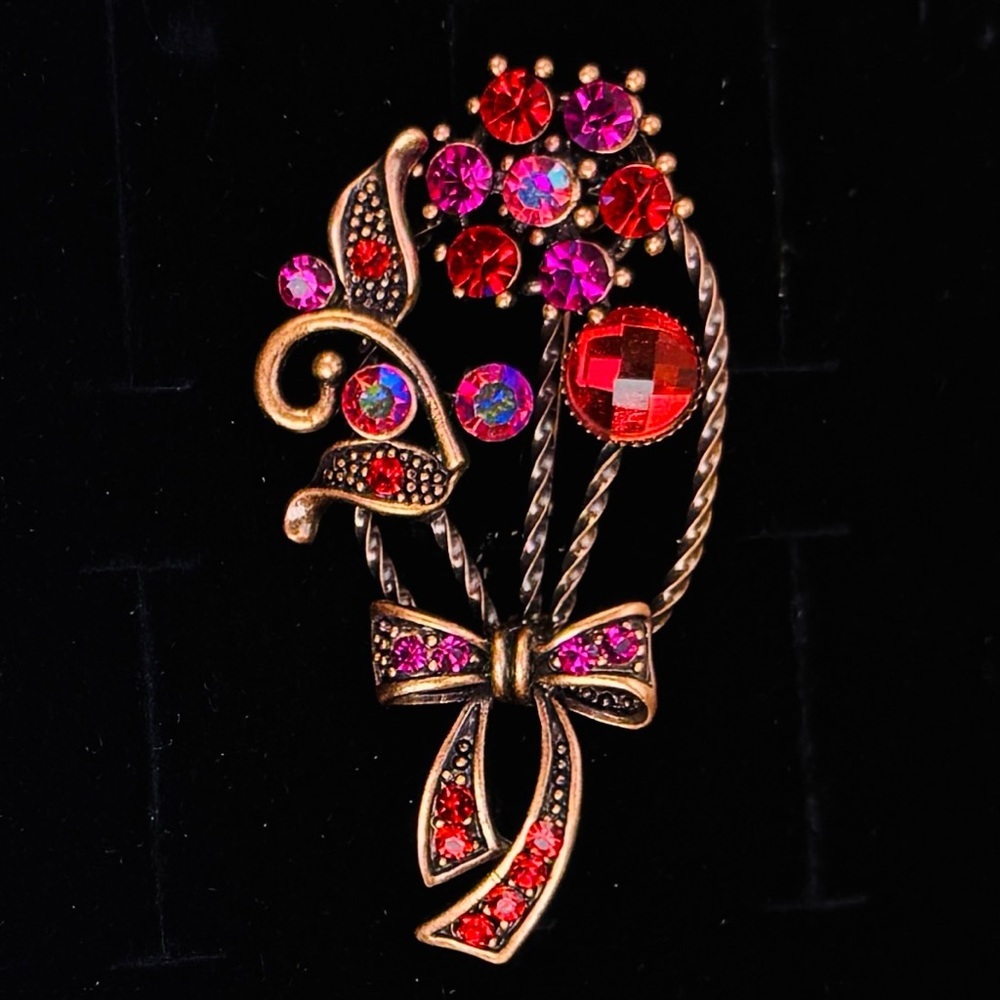 Vintage Floral Bow Brooch Antique Gold Tone Statement Pin Multicolor Accents
